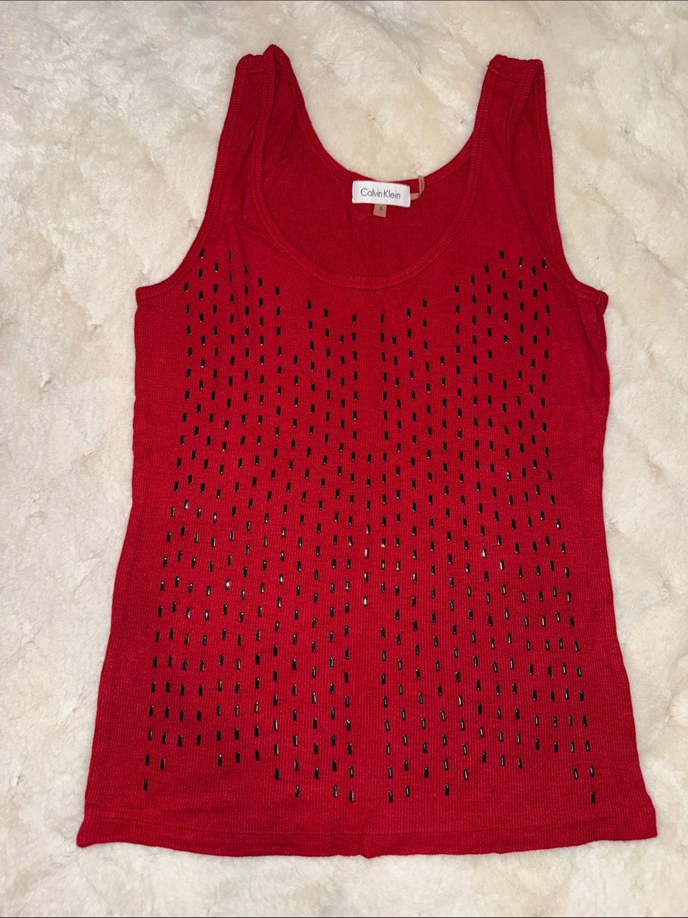 Calvin Klein Red Knit Tank with Rhinestone Embellishments